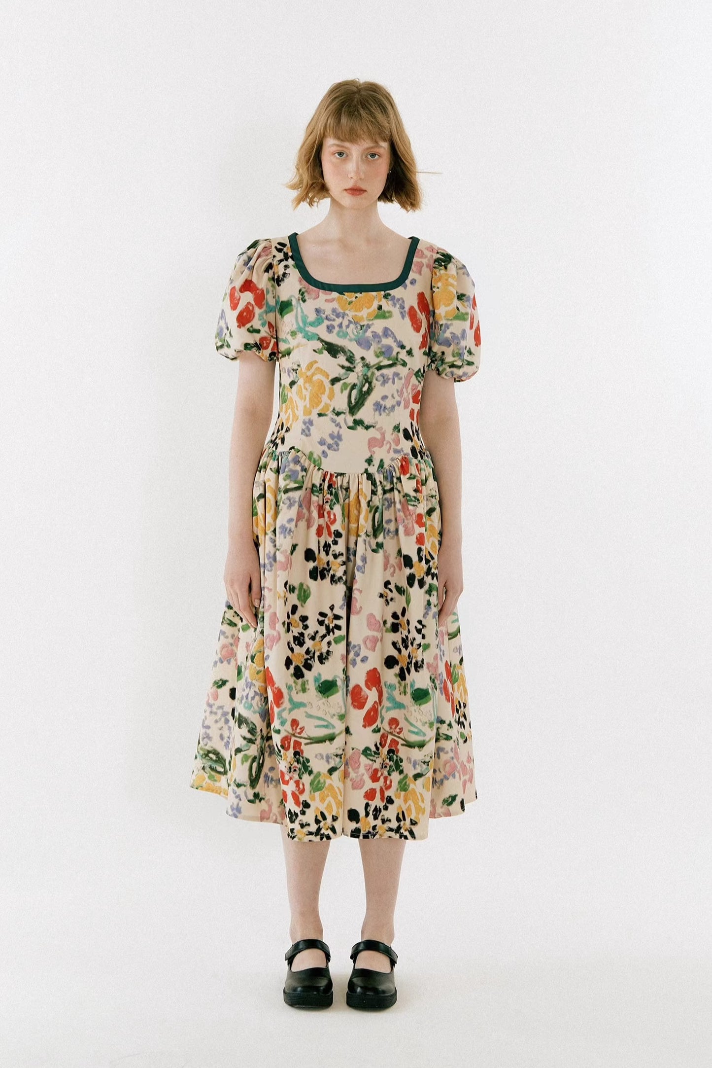 Yellow and Green Floral Puff Sleeve Dress 