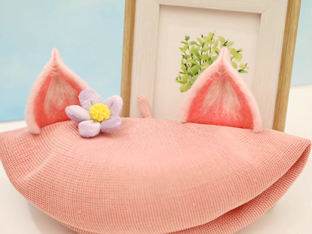 wool felt cute pink fox ears beret