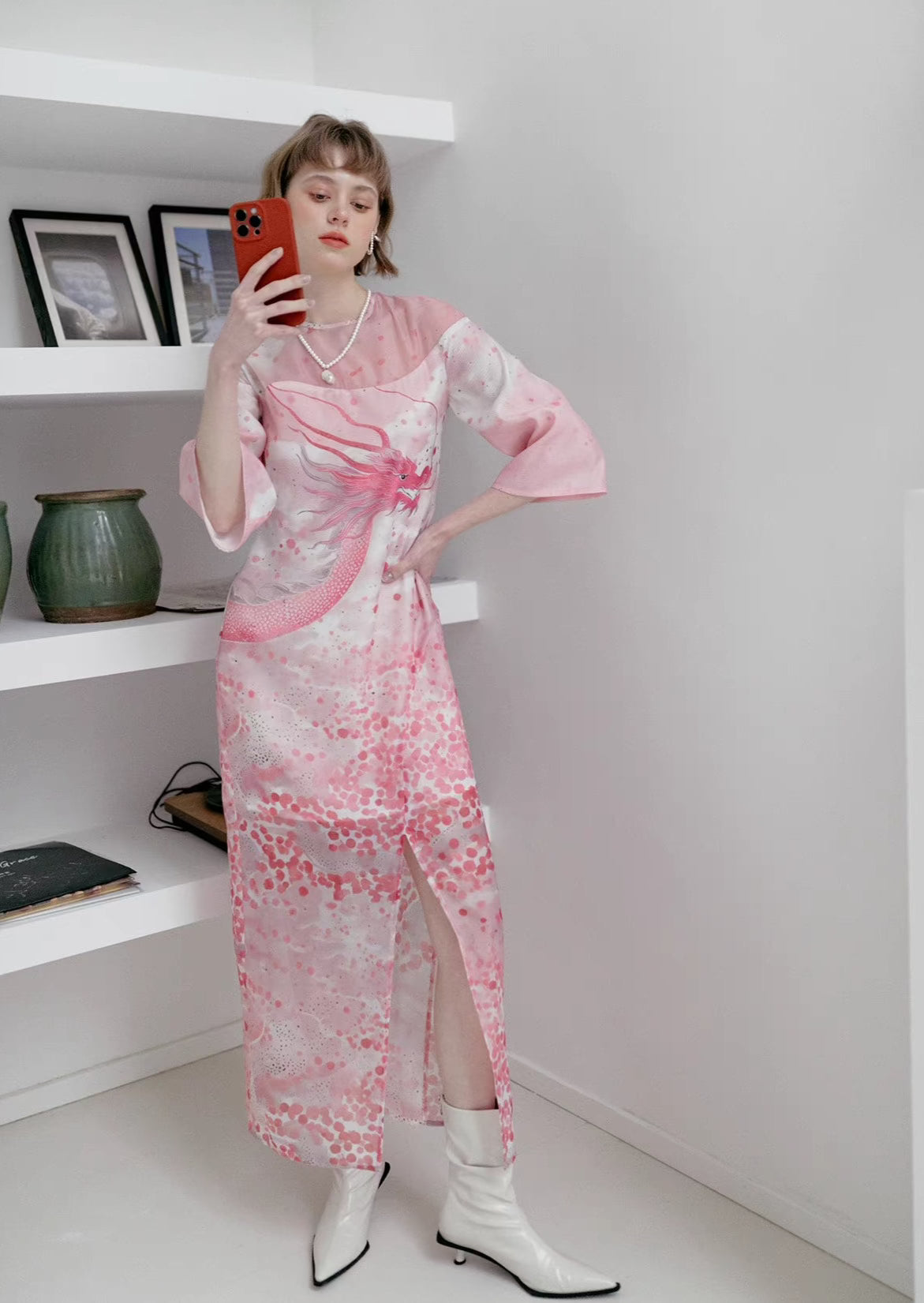 pink dragon print bell sleeves slit dress