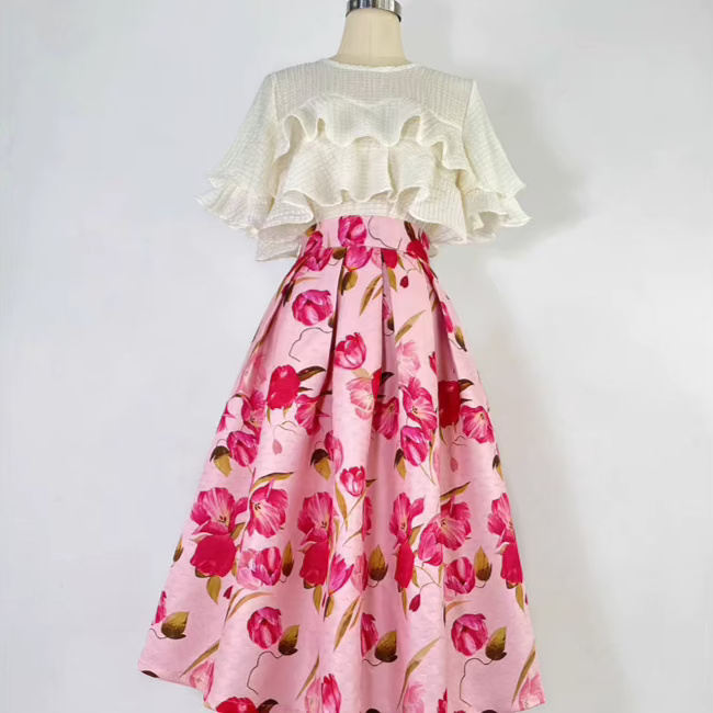 pink Hepburn elegant printed high-waisted puffy skirt