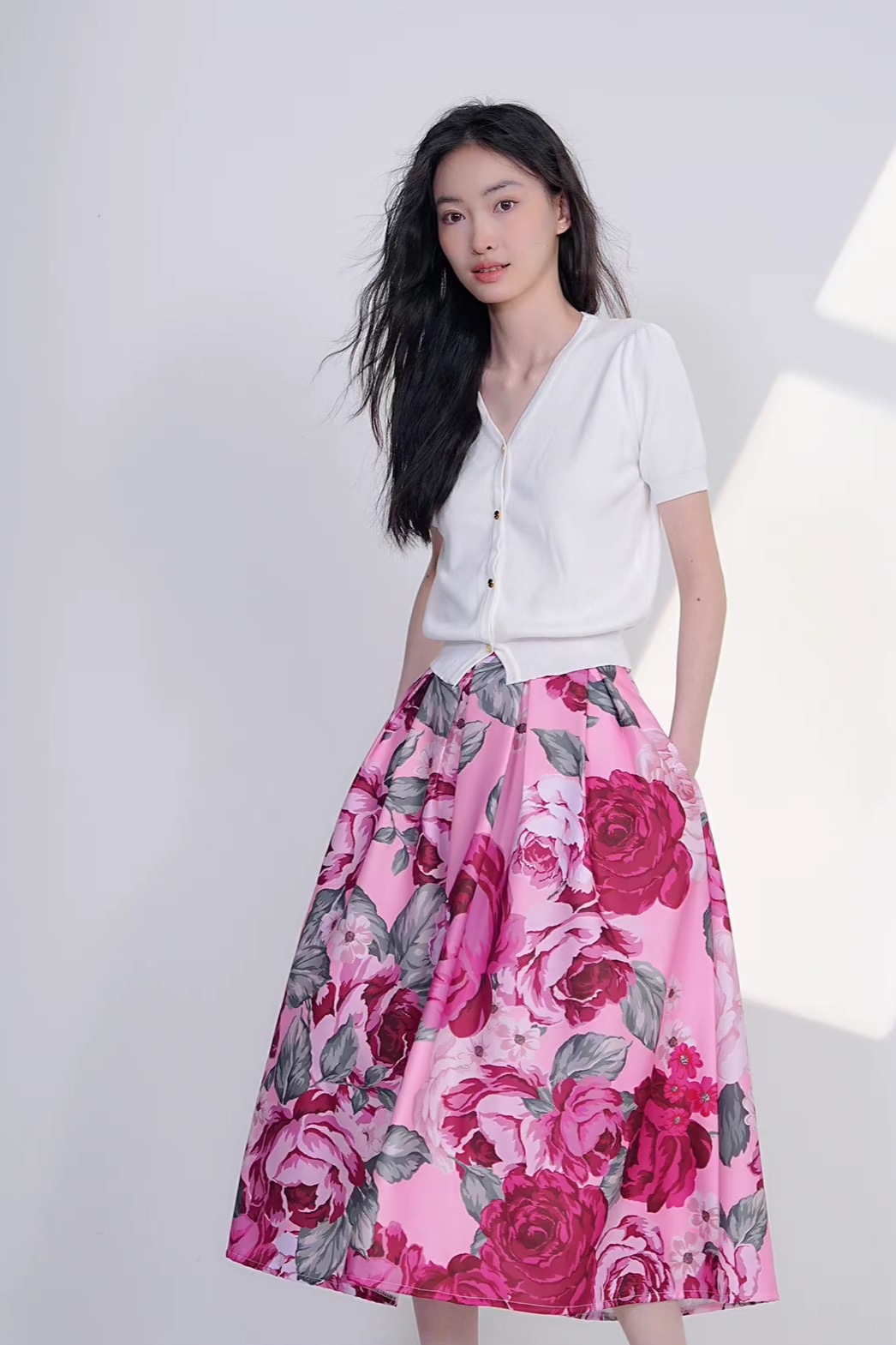 French elegant printed high-waisted skirt