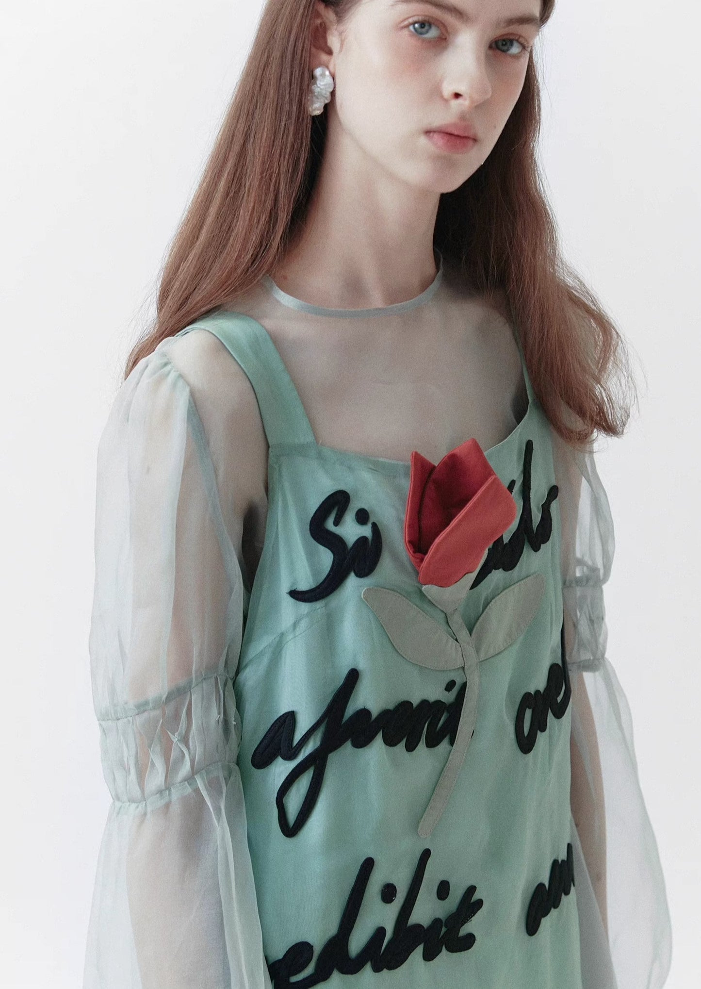 mint green hand-pleated silk see-through shirt 