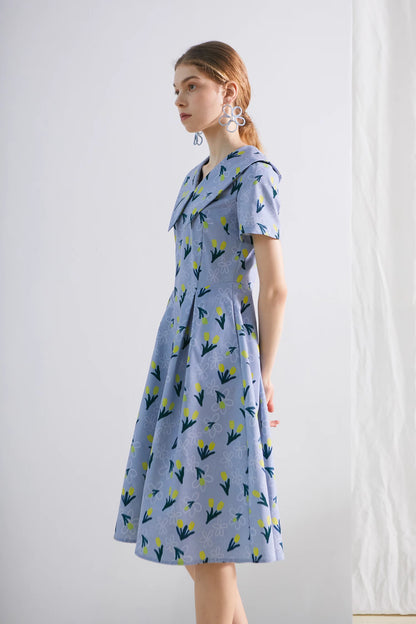 blue tulip retro lapel short-sleeved dress 