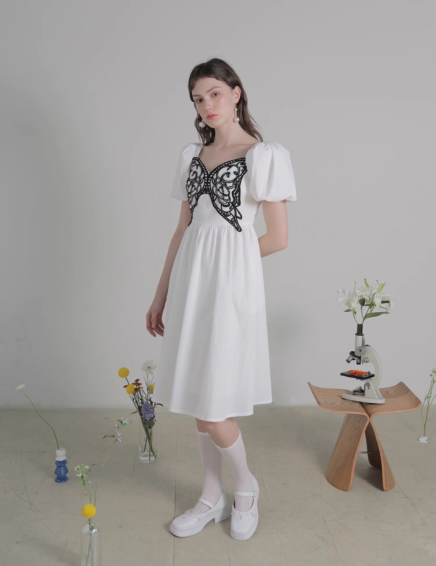 butterfly embroidered puff sleeve square neck dress 