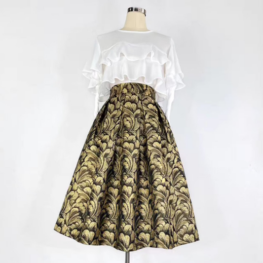 French retro embroidered cinched waist design skirt 