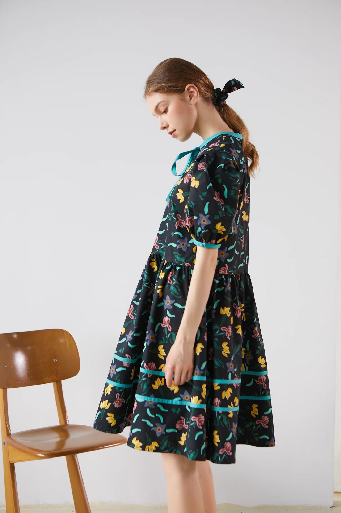 floral print lace-up puff sleeves dress