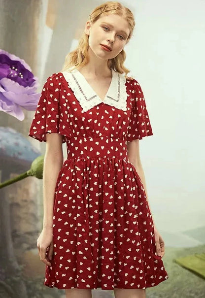 contrast collar red polka-dot dress