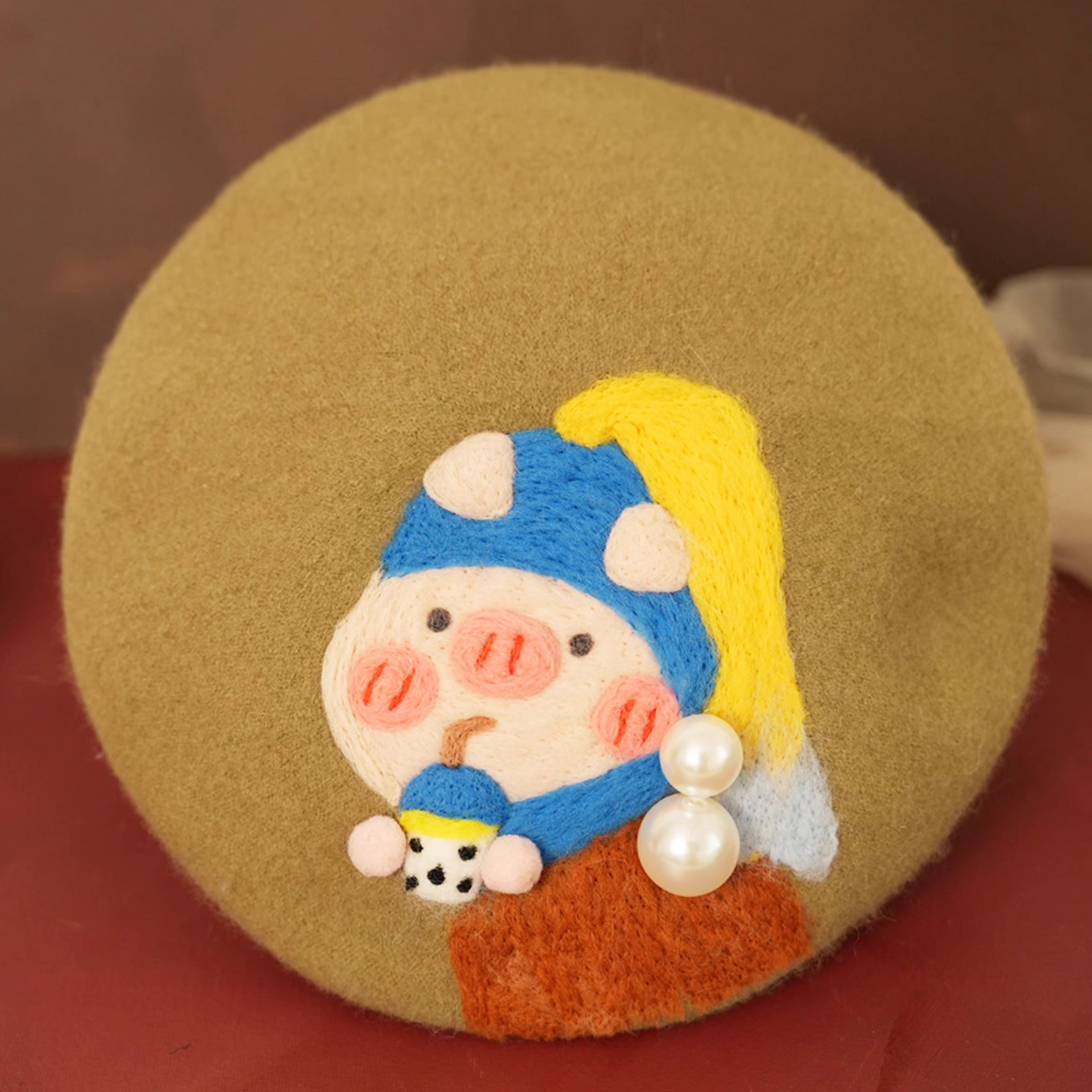 wool felt cute pearl pig beret