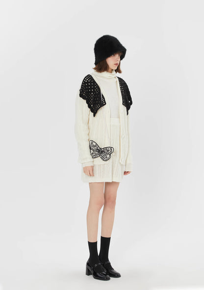 black and white stitching hollow knitted cardigan