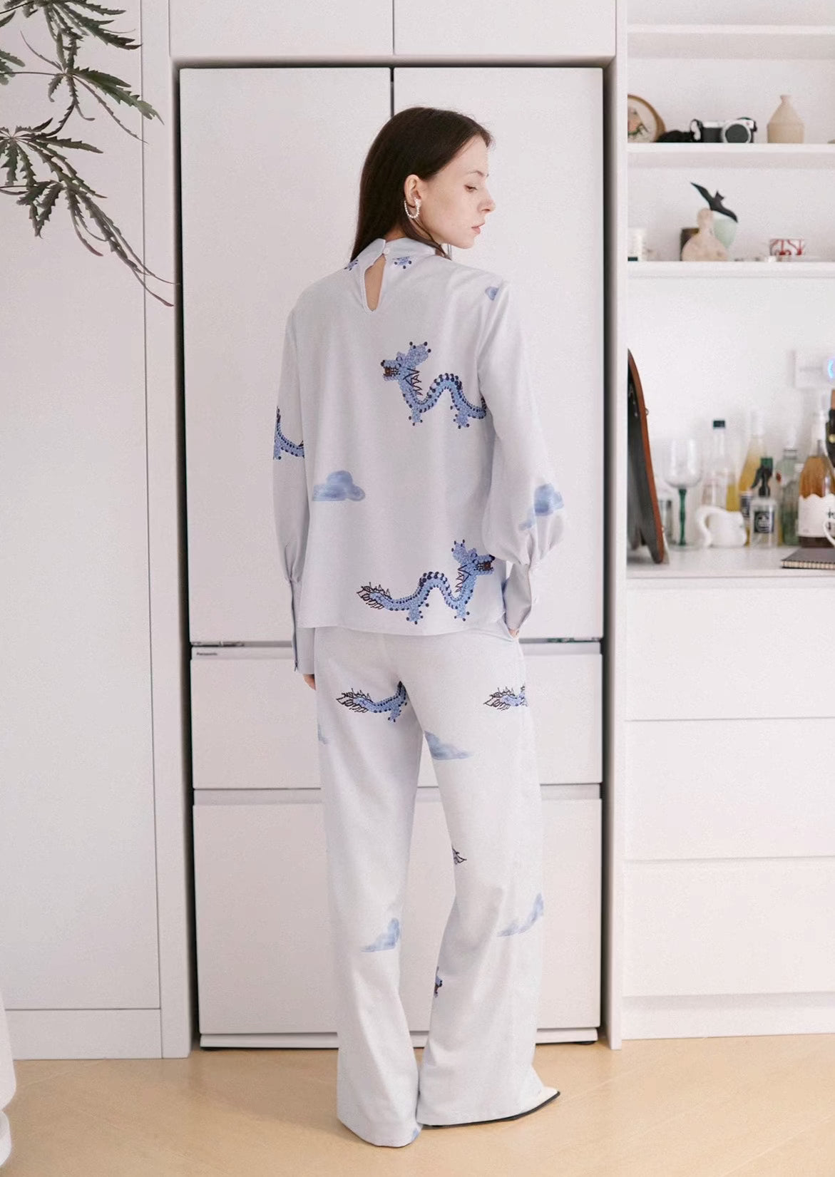 national style blue dragon cloud printed pants 