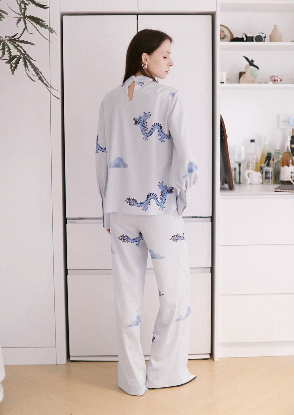 national style blue dragon cloud printed pants