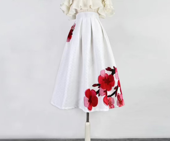 red plum blossom mid-length A-line skirt 