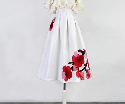 red plum blossom mid-length A-line skirt 