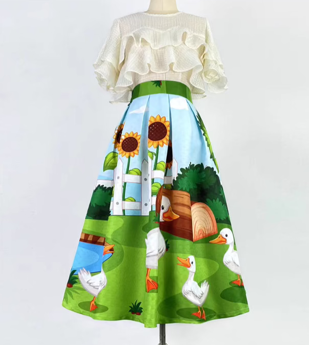 French style duck printed high-waisted skirt