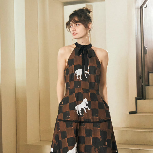 checkerboard pony print sleeveless long dress 