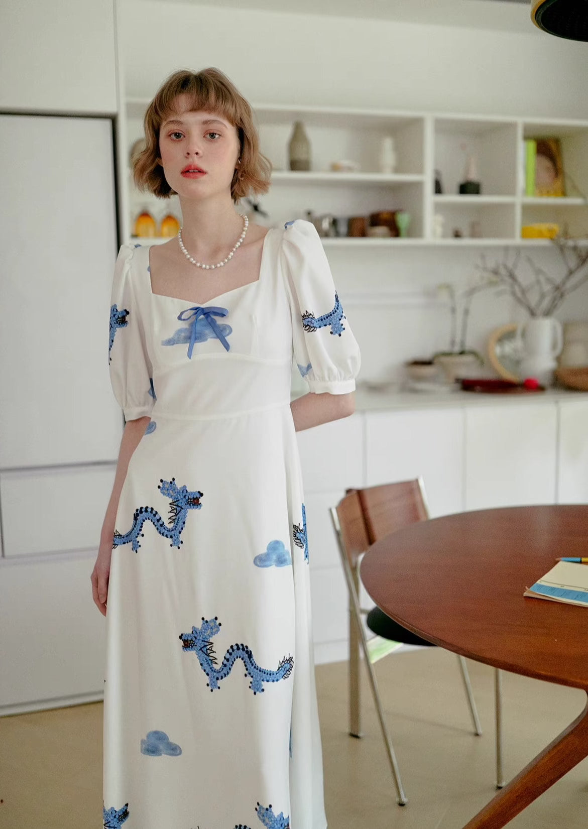 Blue Dragon Cloud Print Short Sleeve Long Dress 