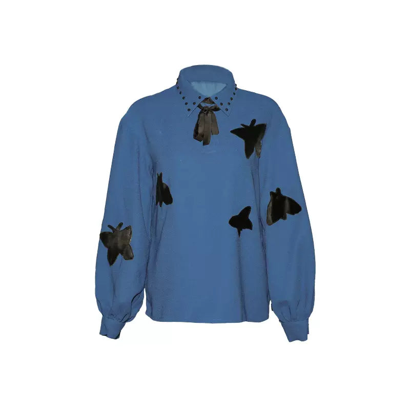 blue and black butterfly lace loose long-sleeved shirt