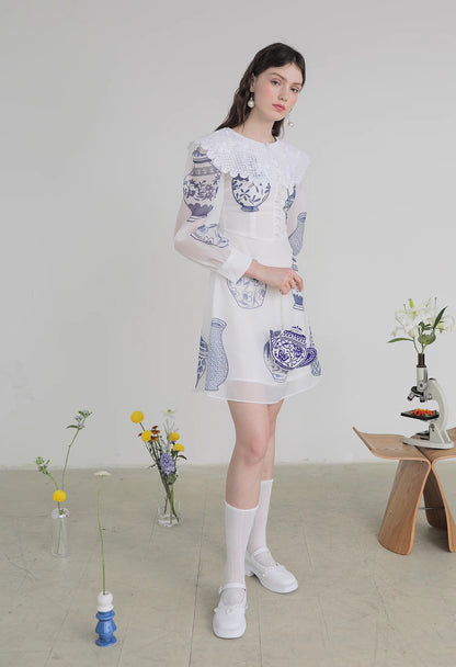 blue and white porcelain embroidered large lapel long-sleeved dress