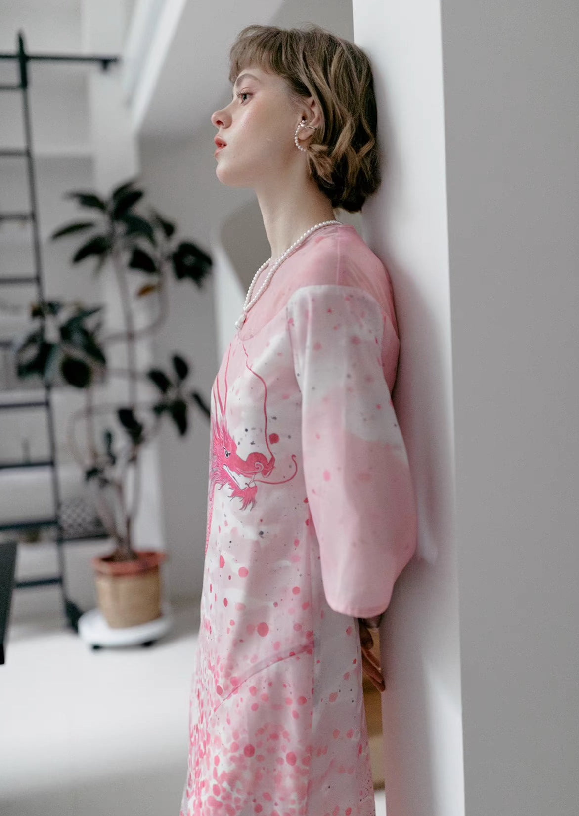 pink dragon print bell sleeves slit dress 