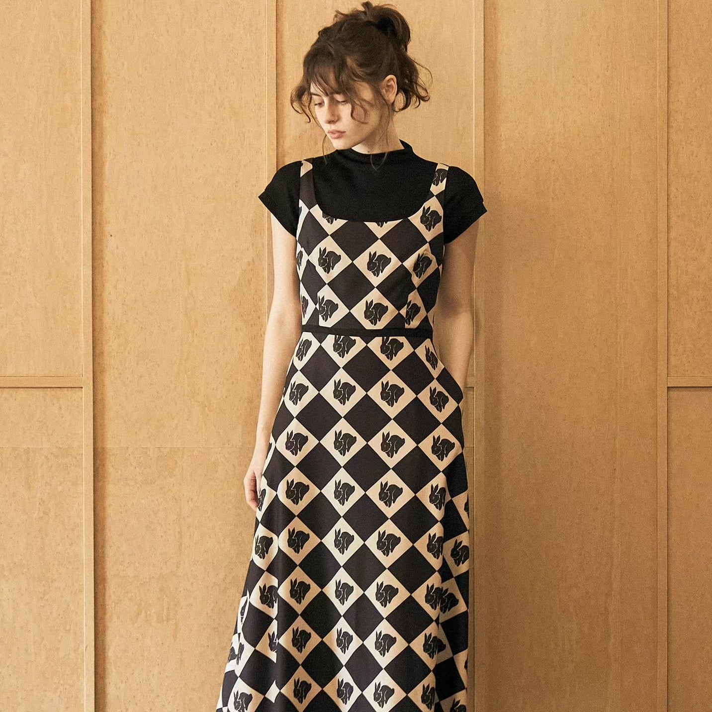 original rhombus rabbit print outer wear slim vest dress – remulia