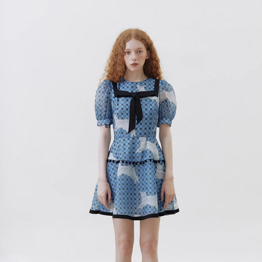 new blue and black cat print dress