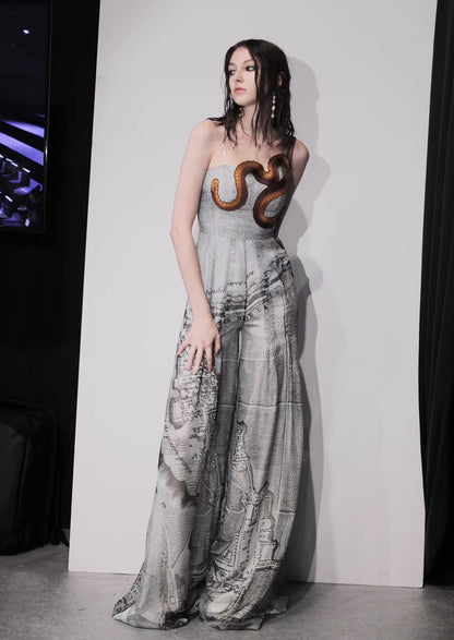 silver gray printed snake embroidered jumpsuit 