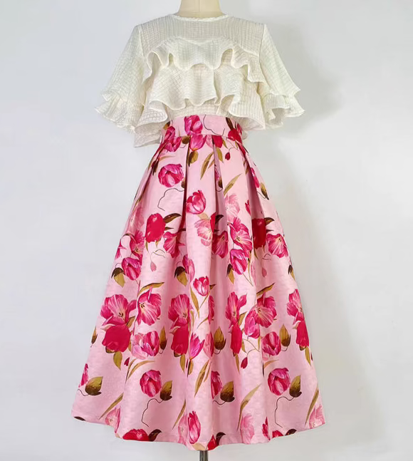 pink Hepburn elegant printed high-waisted puffy skirt