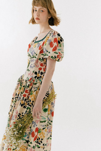 Yellow and Green Floral Puff Sleeve Dress