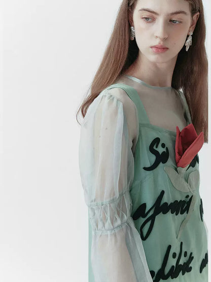 mint green hand-pleated silk see-through shirt 