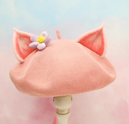 wool felt cute pink fox ears beret