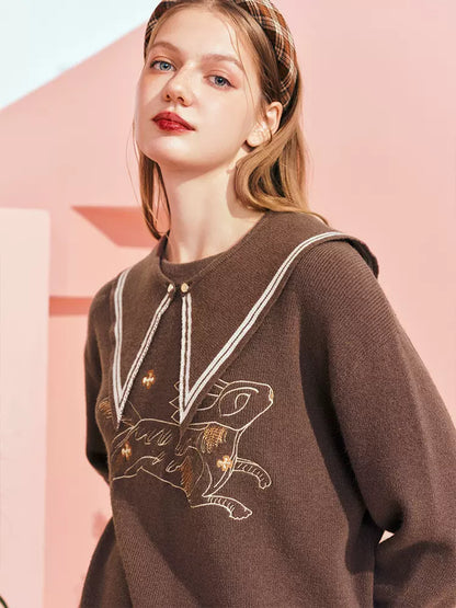 Rabbit Embroidery Pattern Collared Sweater 