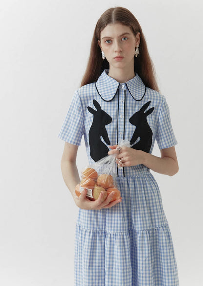 plaid black rabbit patch short-sleeved dress