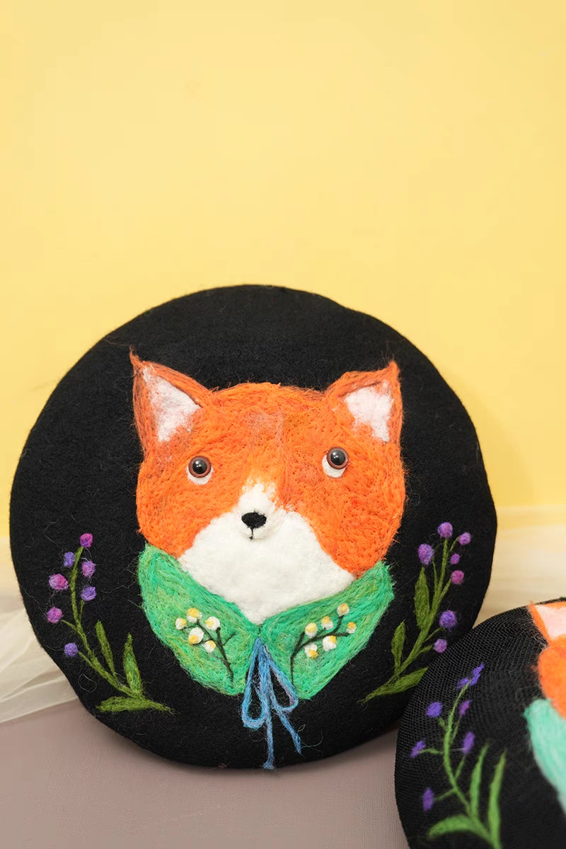 wool felt cute cartoon fox literary beret hat