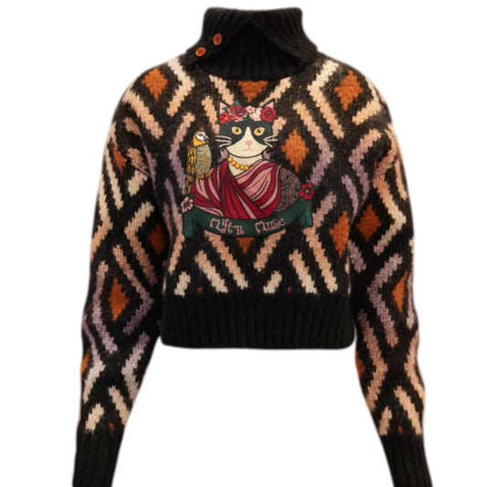 jacquard lazy cat high-neck sweater