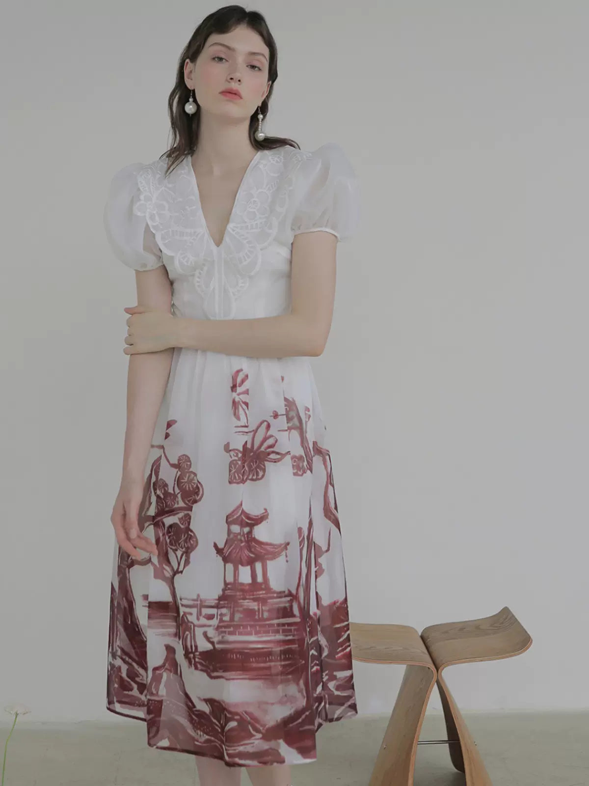 V-neck embroidered organza short-sleeved dress 
