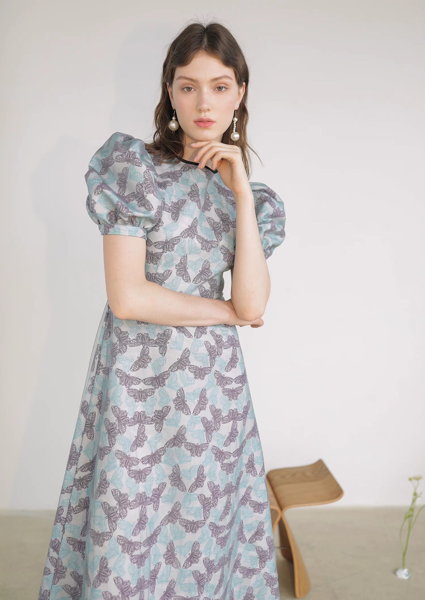 blue and purple mesh butterfly print short-sleeved dress 