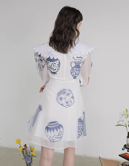 blue and white porcelain embroidered large lapel long-sleeved dress