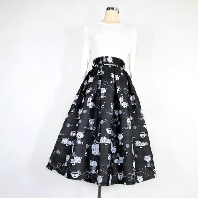 cat embroidered mid-length tutu skirt