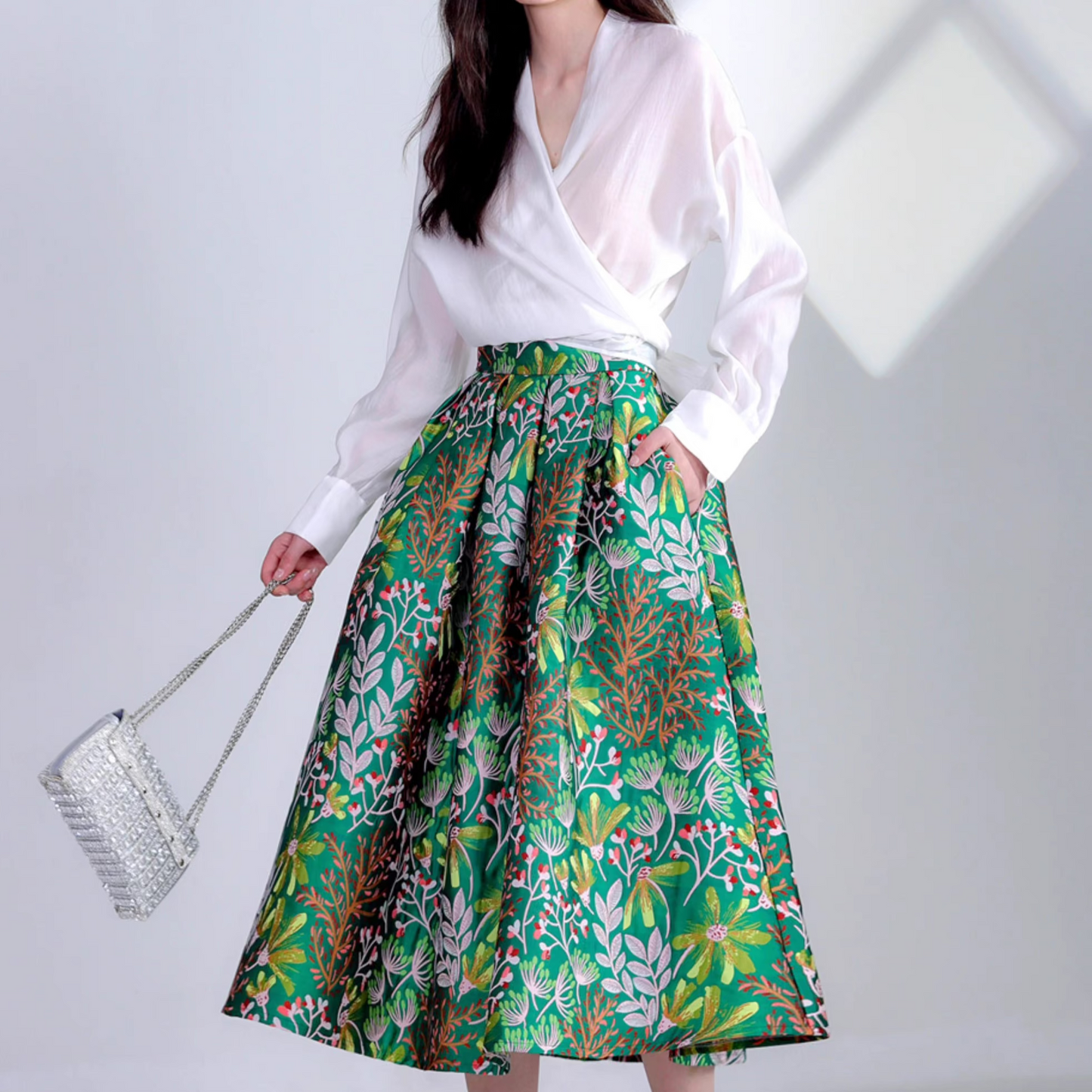 green embroidered fresh and elegant skirt