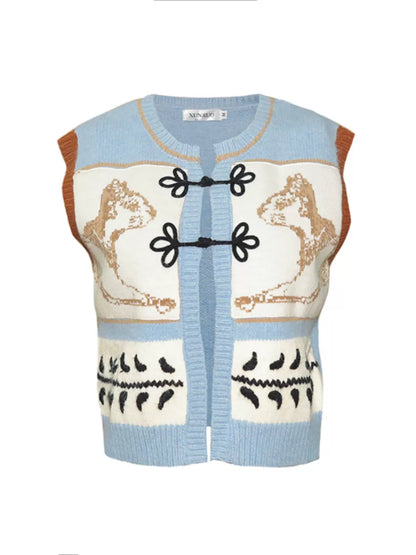 retro cat buckle designer brand knitted vest 