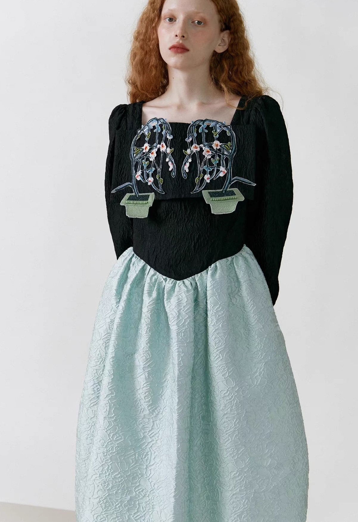 potted plant embroidery square collar dress 
