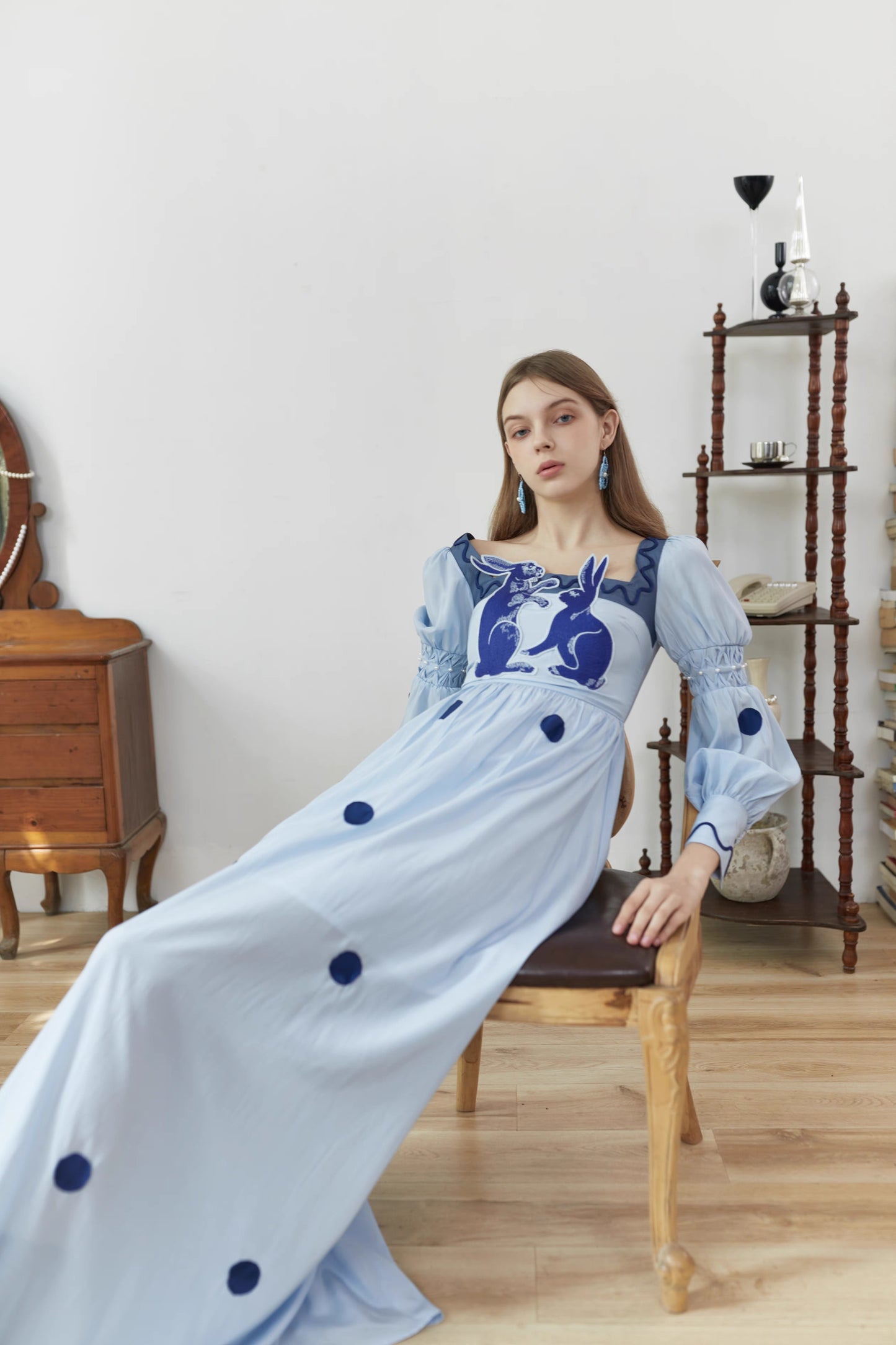 blue and white rabbit embroidery polka dot square collar dress