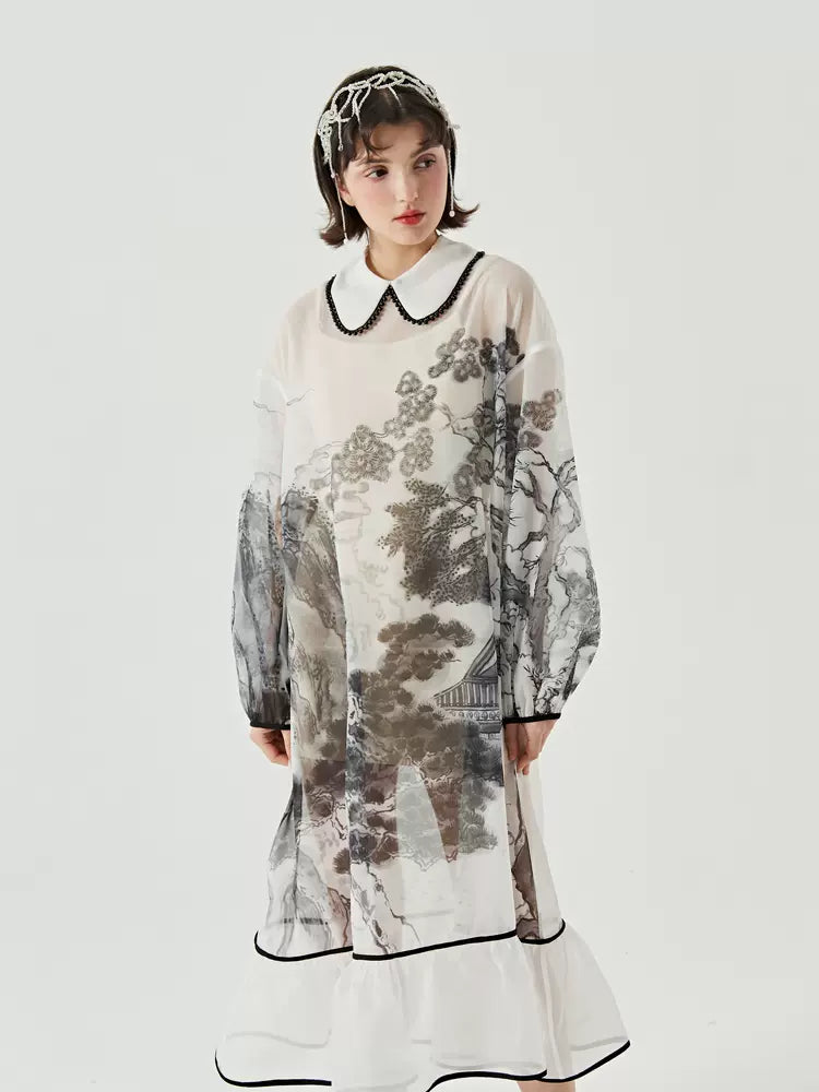 Chinese style original ink print doll collar dress
