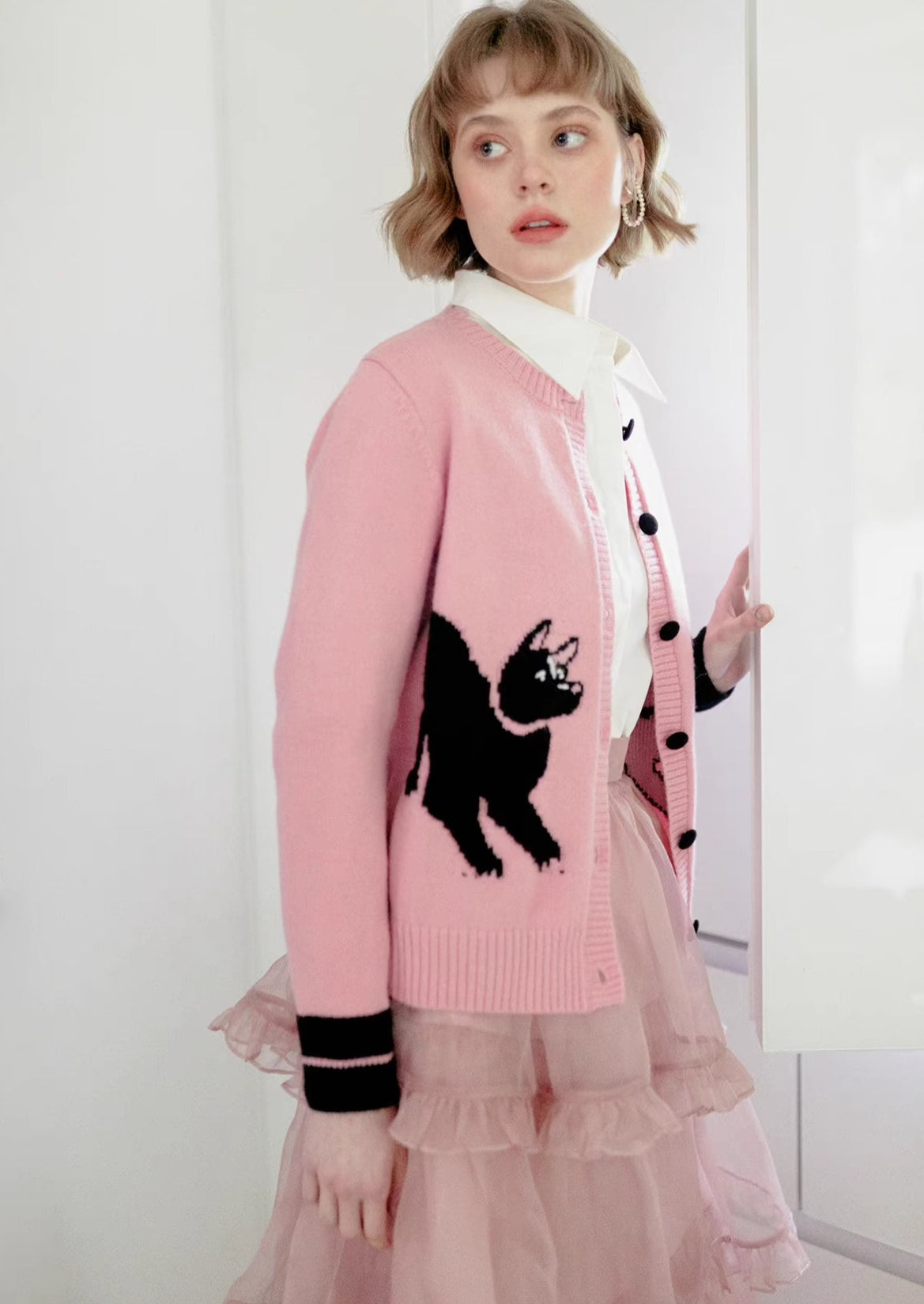 dog pattern pink sweater cardigan 