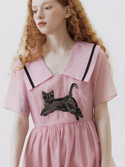 original cat polka dot preppy lapel dress 