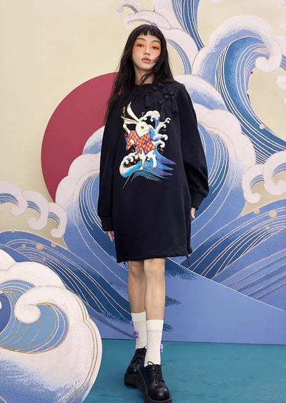 Rabbit Printed Plus Velvet Mid-Length Dress