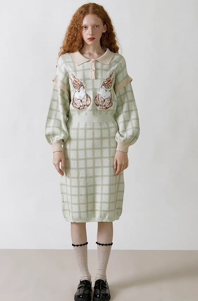 pink and green rabbit long-sleeved knitted dress 