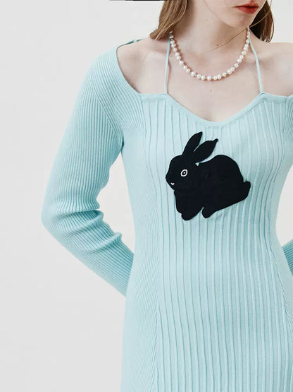green rabbit embroidered halterneck dress 