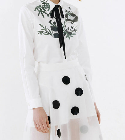 panda bamboo leaf print lace shirt 