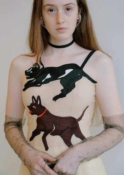 dog embroidered mesh dress 